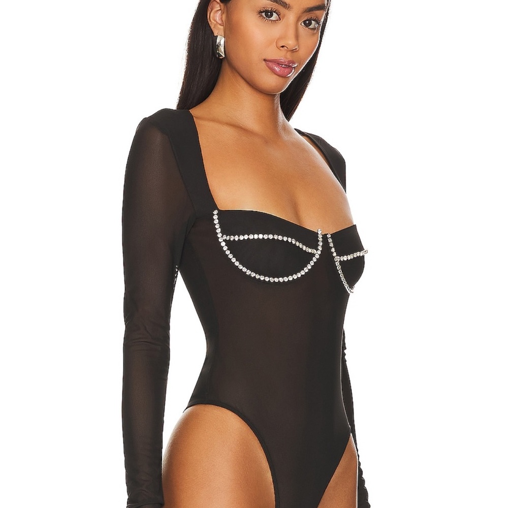 Sheer Black Long Sleeve Bodysuit with Rhinestone Detail - Picture 3 of 8